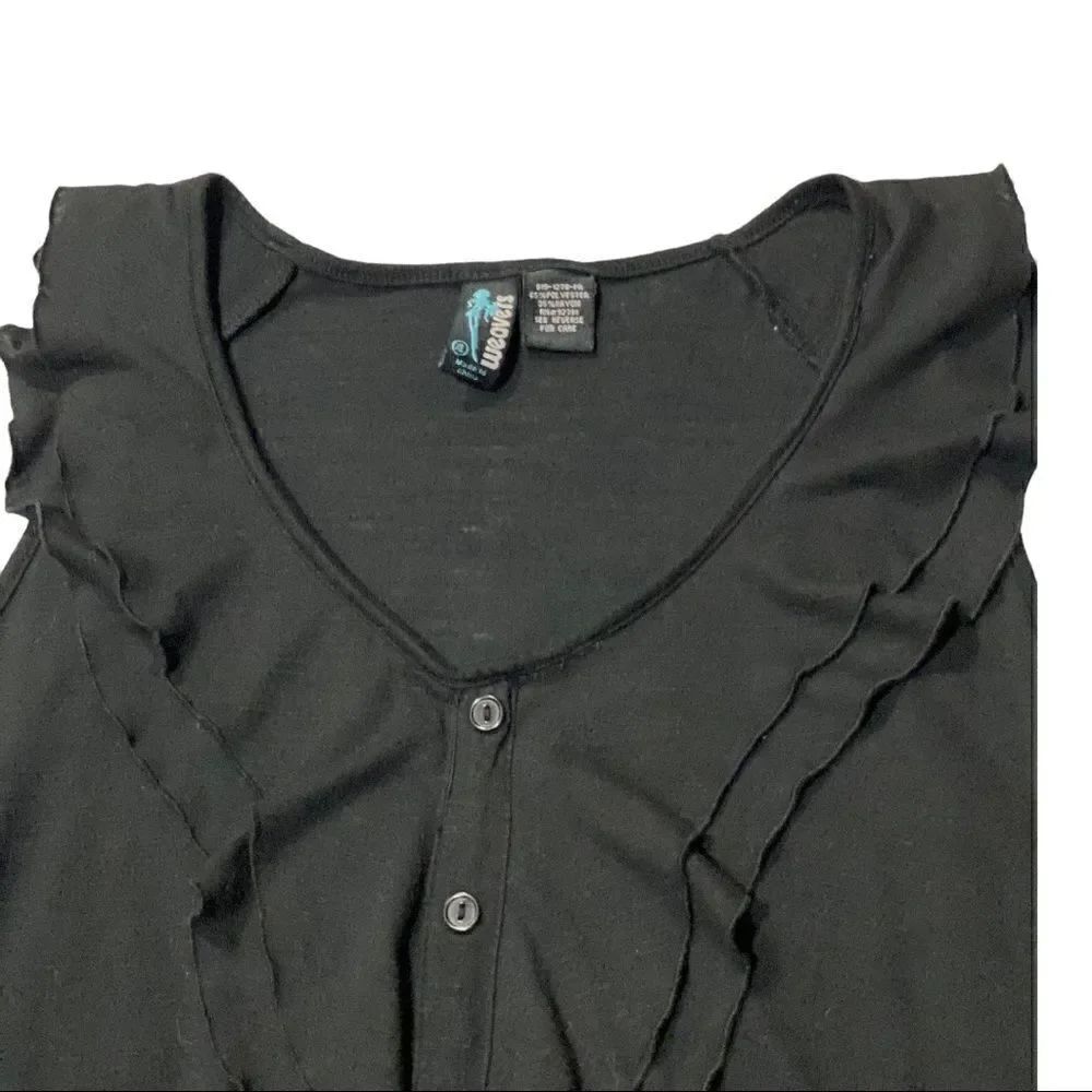 Sleeveless V Neck Blouse Solid Black Ruffle Trim - Picture 4 of 7
